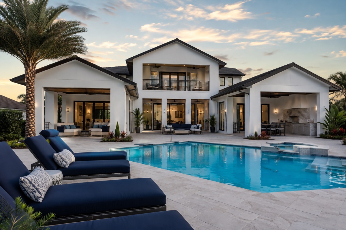 Fictional villa with a pool terrace